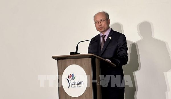 Ambassadeur du Vietnam en France, Đinh Toàn Thắng, prononce un discours lors de l'événement